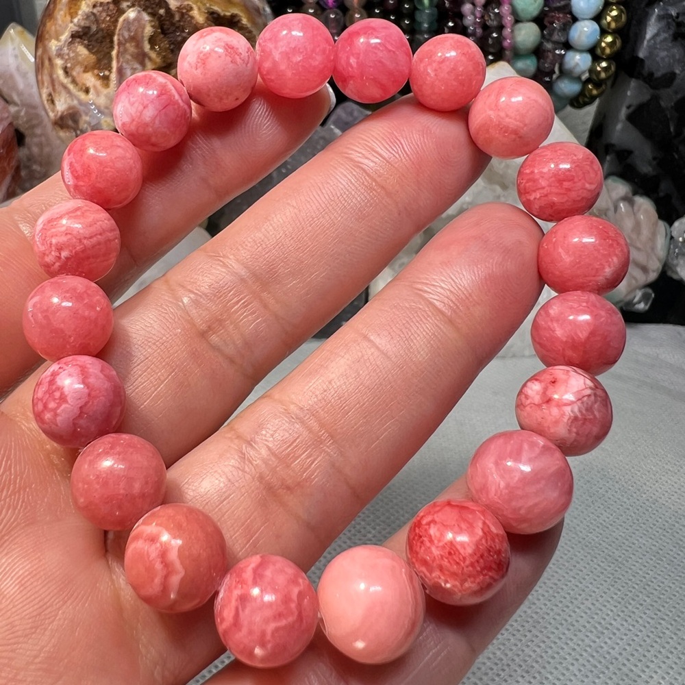 10MM Rhodochrosite Beaded Bracelet 6.76” Natural Pink Crystal Quartz Love Stone - Picture 6 of 12